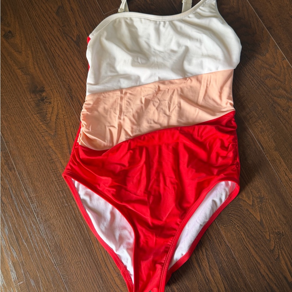 Kona Sol Colorblock One Piece Swimsuit Size S White Peach Red High Coverage